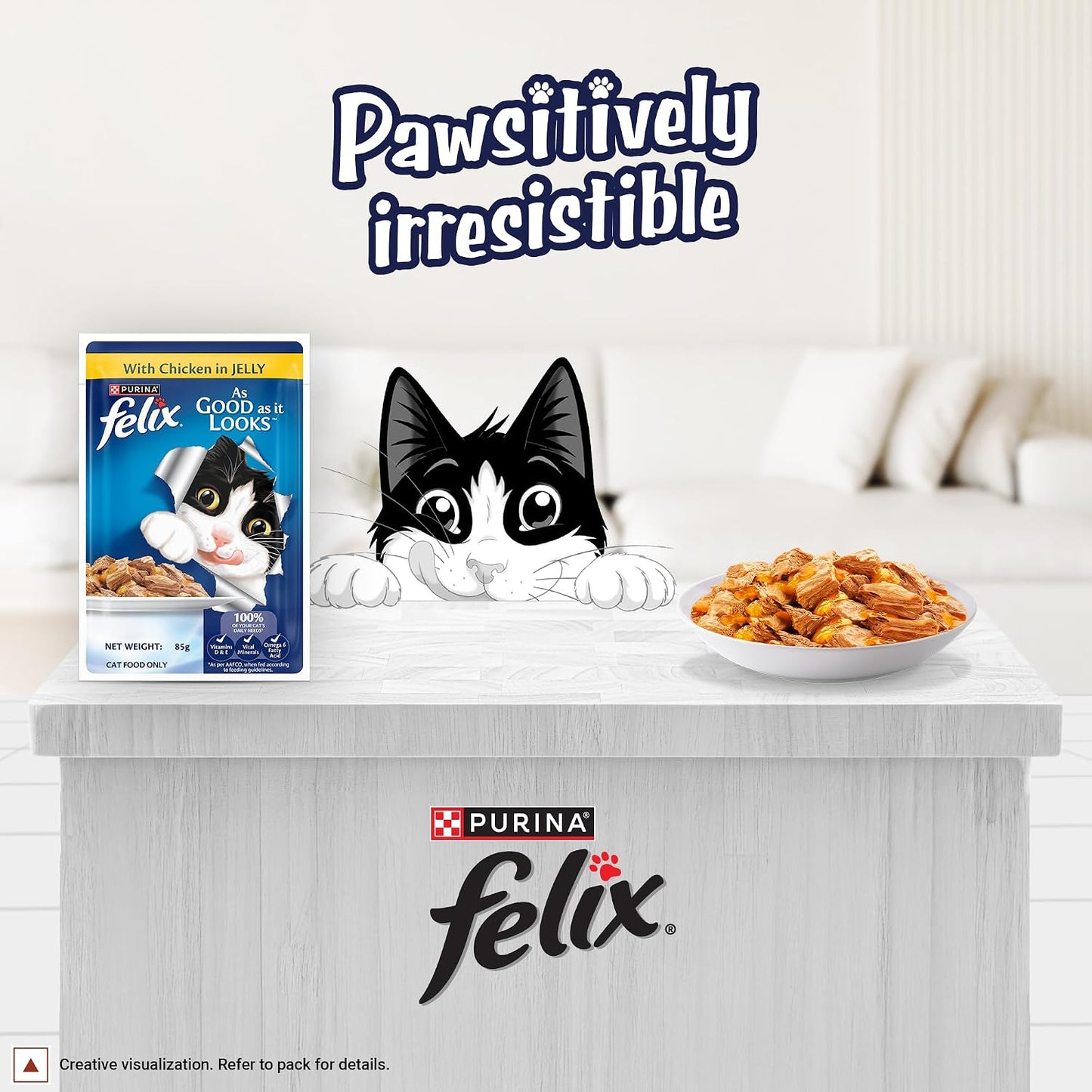 Purina Felix Chicken in Jelly, Wet Food for Adult Cats, 85g Pouch | With Chicken in Jelly, Tasty Meaty Chunks, 100% Complete & Balanced Nutrition, Vitamins D & E, Omega 6, Essential Minerals