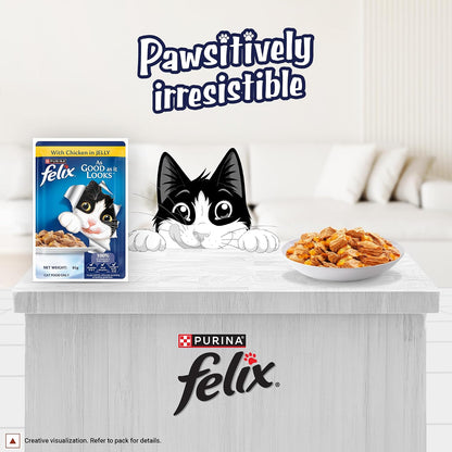 Purina Felix Chicken in Jelly, Wet Food for Adult Cats, 85g Pouch | With Chicken in Jelly, Tasty Meaty Chunks, 100% Complete & Balanced Nutrition, Vitamins D & E, Omega 6, Essential Minerals