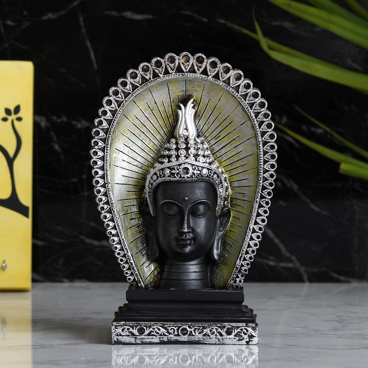 Silver Black Resin Lord Buddha Head Statue with Back Cover | Buddha Idol for Home Decor Living Room Office | Buddha Statue Gift for Diwali Housewarming Buddha Purnima Birthday