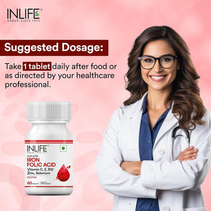 INLIFE Chelated Iron Folic Acid Supplement with Vitamin C, E, B12, Zinc & Selenium for Men Women - 60 Vegetarian Tablets (Pack of 1)