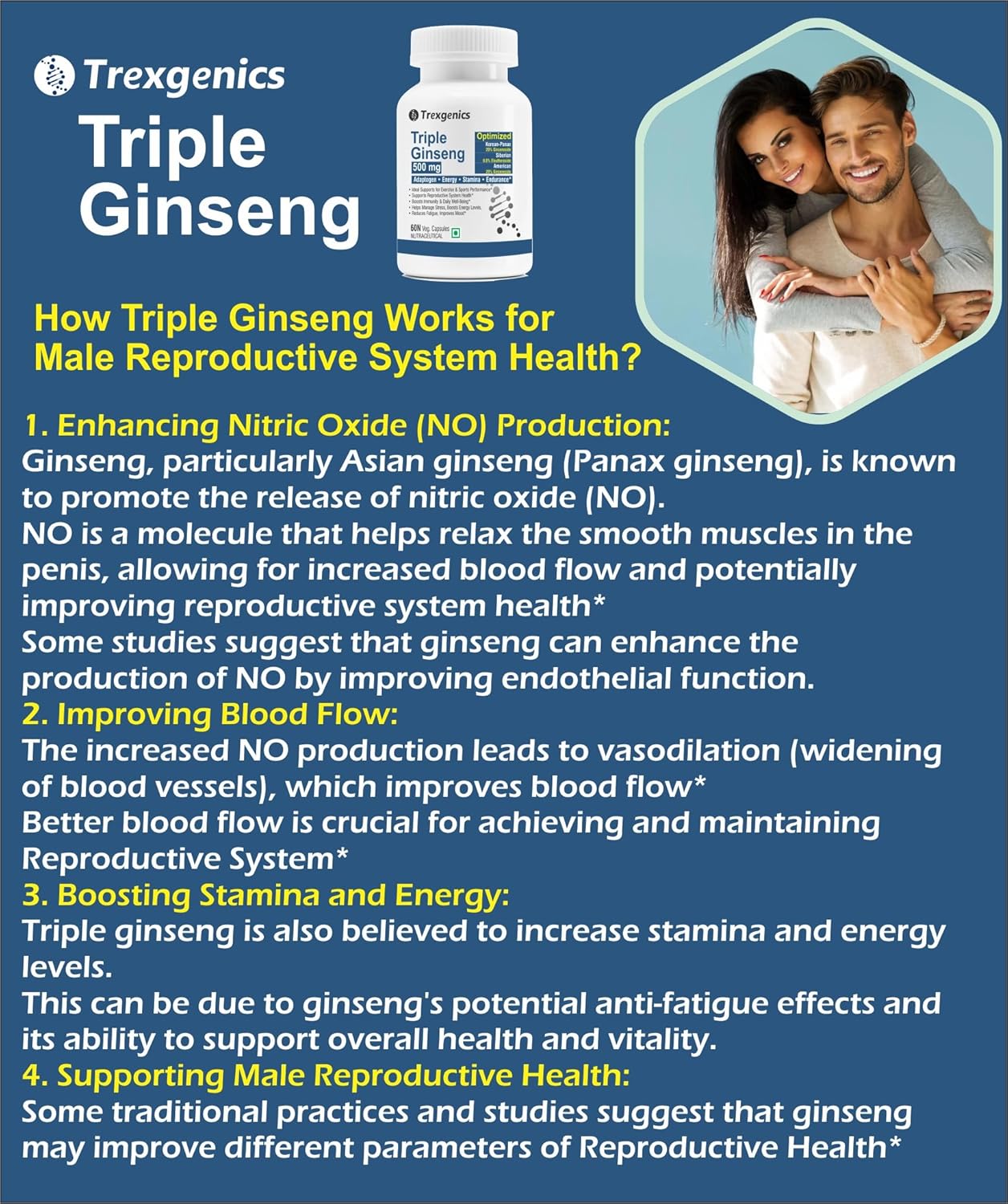 Advertisement for Trexegenics Triple Ginseng with text on benefits and a couple holding a baby.
