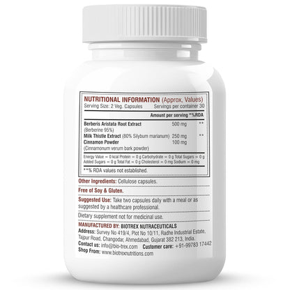 Biotrex Nutraceuticals Berberine HCL 850mg | 95% High Purity | With Milk Thistle & Cinnamon | Maintain Healthy Glucose Levels | Metabolic Support & Digestive Wellness | Lab Tested | 60 Veg Capsules