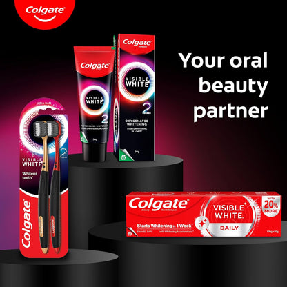Colgate Visible White O2, Teeth Whitening Toothpaste (50g) for noticeably whiter teeth starting in 3 days. Peppermint Sparkle with Active Technology, Enamel Safe Teeth Whitening (Pack of 2)