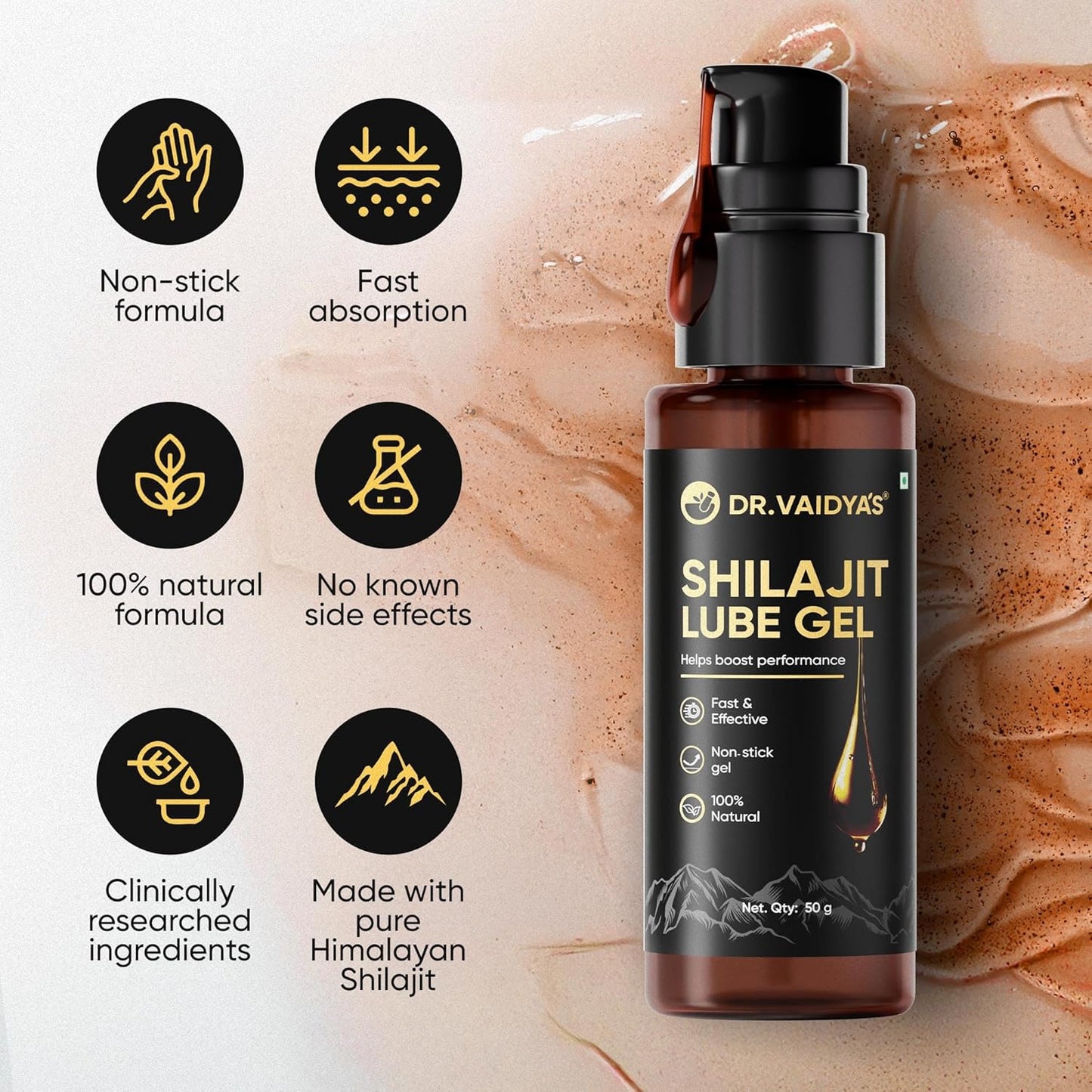 Dr. Vaidya’s Shilajit Lube Gel | First Ever Shilajit Infused Lube Gel | Enhances Performance & Stamina | Mess free | 100% Pure Himalayan Shilajit, Jaiphal & Cinnamon Oil, Ashwagandha | 50g