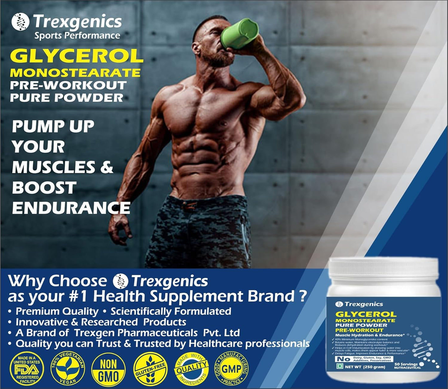 Trexgenics GLYCEROL MONOSTEARATE GMS Pure & Premium Powder Pre-Workout, > 40% Monoglycerides content 50 servings (250 gram)