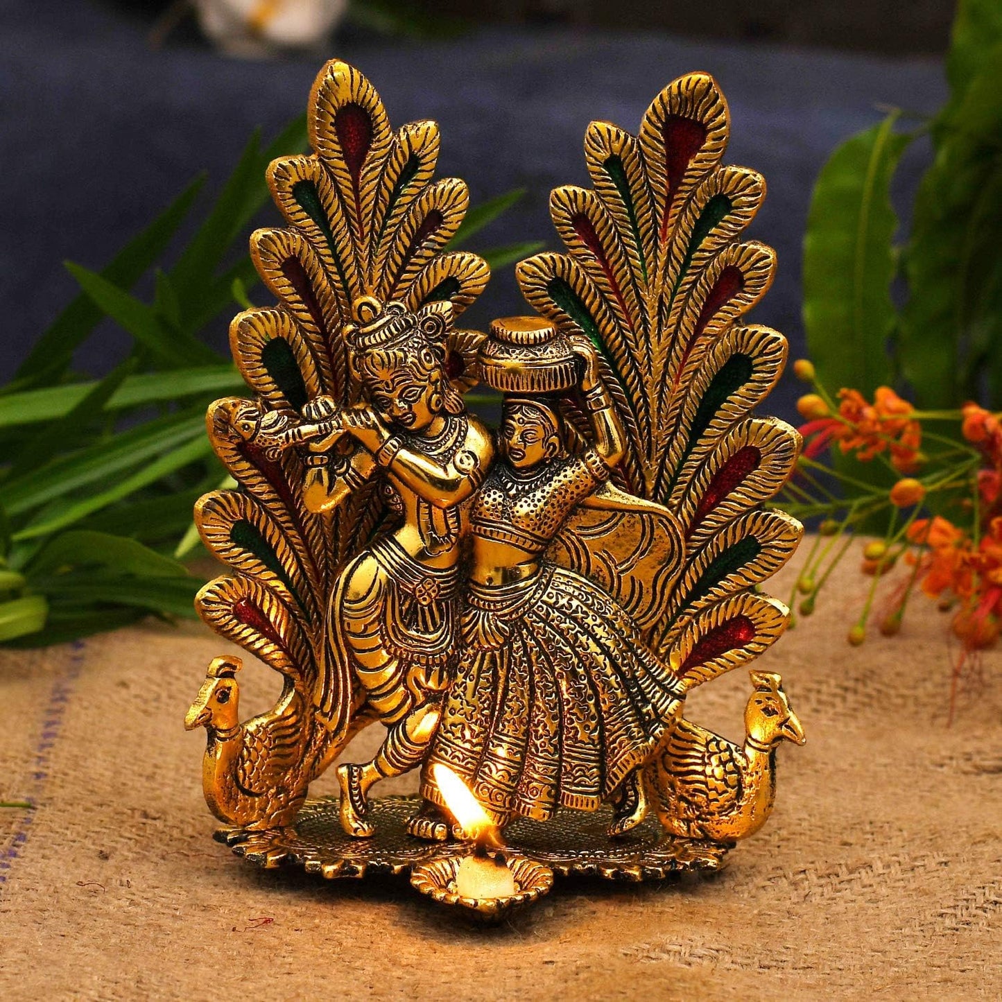 Collectible India Peacock Design Radha Krishna Idol Showpiece with Diya for Puja and Home Decor (7 x 5 Inches), Metal, Gold (1 Piece)