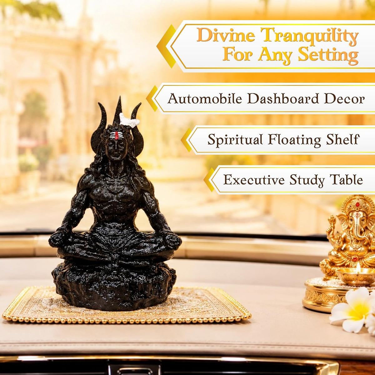 Black Shiva Car Dashboard Idol, 9 cm Mahadev Shiv Ji Resin Statue, Hand-Painted Lord Shiva Idol for Car, Home Mandir, Office & Spiritual Decor