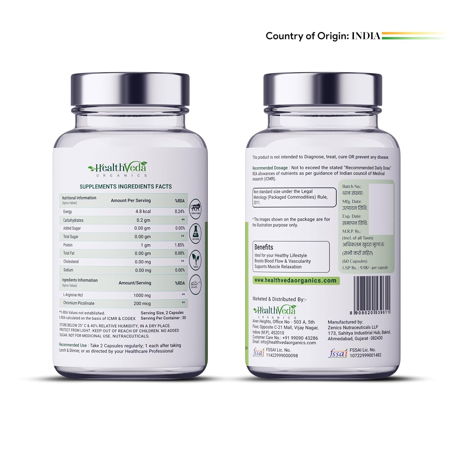 Zephivo HEALTH VEDA ORGANICS PRIVATE LIMITED L-Arginine 1000 mg with Chromium Picolinate | 60 Veg Capsules | Good for Muscle Growth, Stamina, Recovery, Immune Booster & Energy | For Both Men & Women