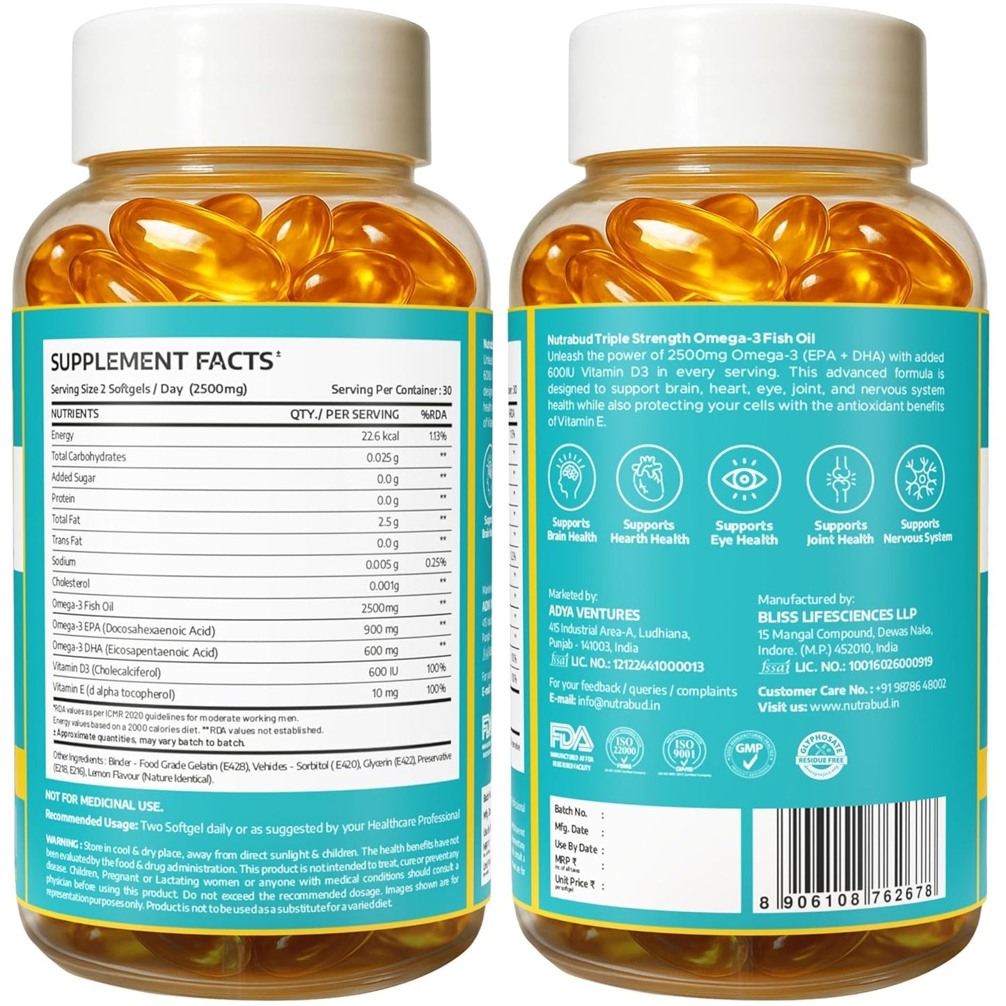 Nutrabud Omega 3 Fish Oil Capsules Triple Strength Supplement 2500mg - 900mg EPA 600mg DHA/serving - With Vitamin D & E - Lemon Flavour (60 Count (Pack of 1), Lemon)