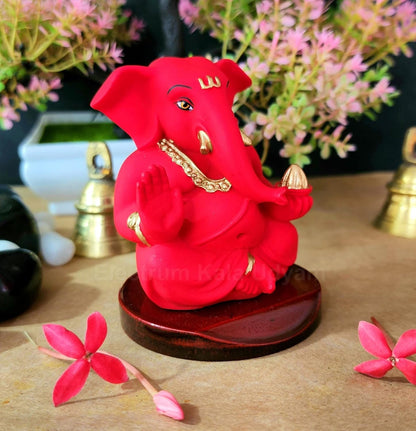 Handcrafted Poly Resin Ganesha Statue with Base - Perfect for Car Dashboard, Office Desk, Shelves, and Home Decor - Ideal Housewarming Gift! (RedAppuwithbase)