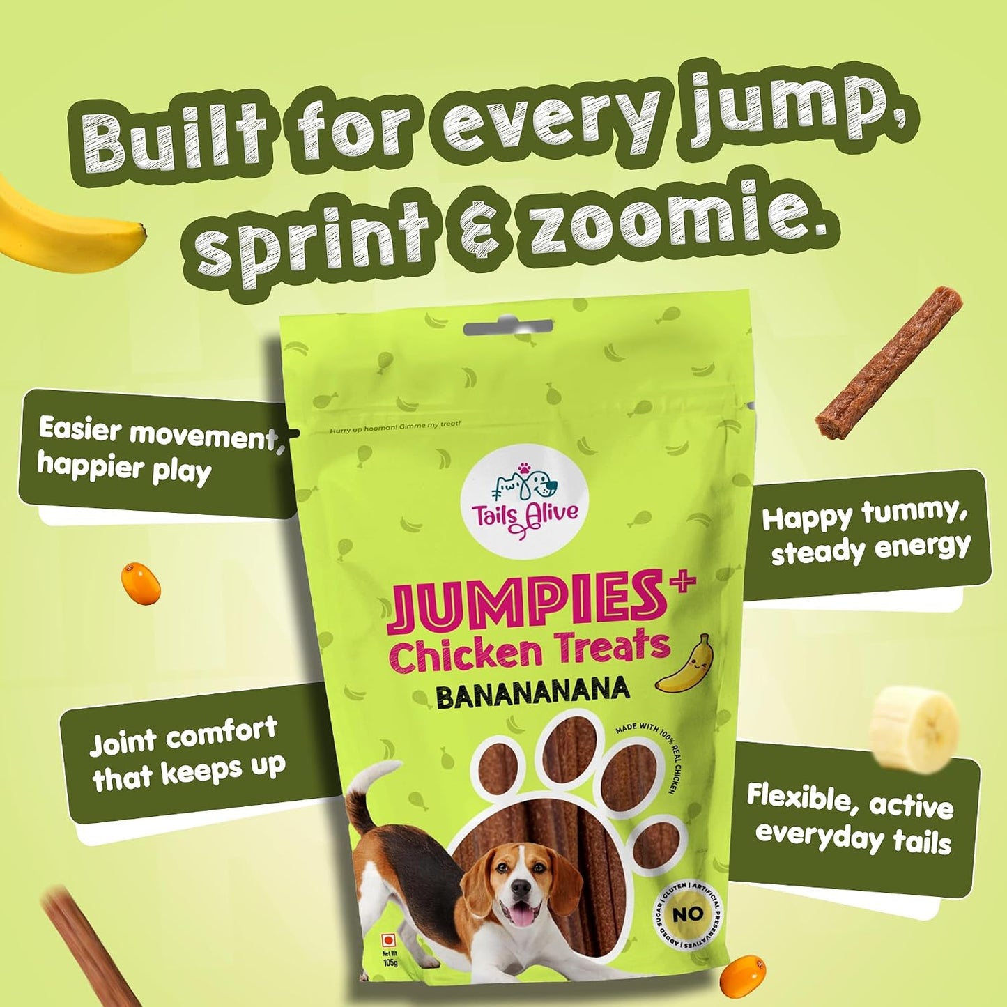 TailsAlive Jumpies+ Treats for Dogs | Joint & Mobility Support | No Added Sugar | Ashwagandha, Green-Lipped Mussel & Prebiotics | Banana | 100g