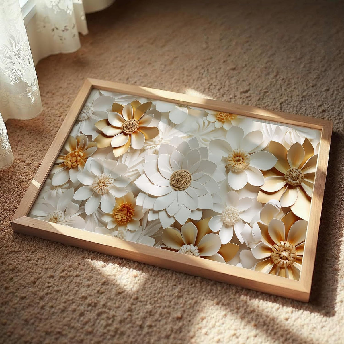 Floral Wall Painting with Frame Set of 1 | Premium White & Gold Flower Artwork, Luxury Textured Botanical Wall Decor for Living Room Bedroom Office Home Decoration (Art-10,13x19inch)