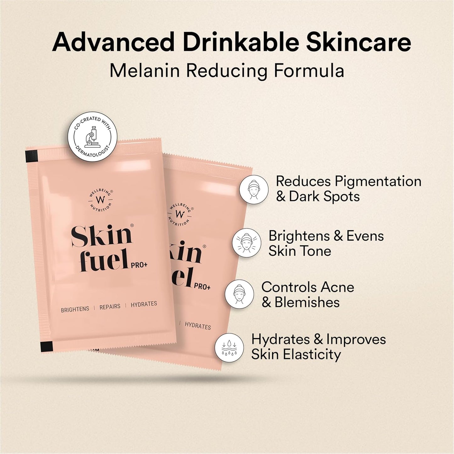 Wellbeing Nutrition Skin Fuel Pro+ | Glutathione, Vit C & E, CoQ10, Vollagen & PhytoCellTech | Reduced Pigmentation & Dark Spots, Brightens Skin Tone, Anti-aging | Valencia Orange Flavour, 28 Servings