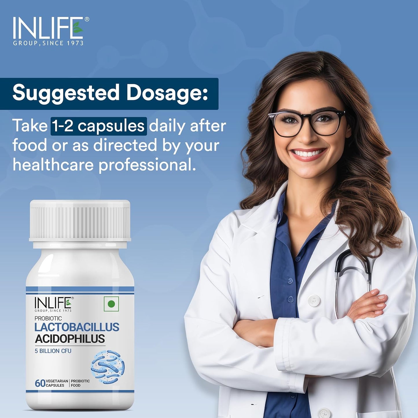 INLIFE Probiotic Lactobacillus Acidophilus 5 billion CFU | Gut Health Supplement for Men Women | Digestive Health, Supports Immunity |With Probiotic Balance – 60 Veg Capsules (Pack of 1, 60)