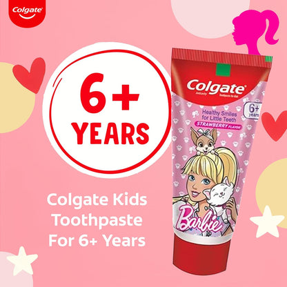 Colgate Kids Toothpaste For 6+ Years, Barbie, Strawberry Flavour, Gentle Protection Tooth Paste With 50% Lesser Abrasive Formula For Protecting Against Cavities, Enamel Protection- 80G (Pack of 2)