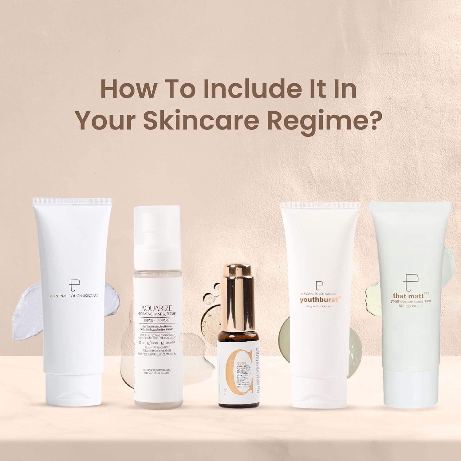 Skincare products with text 'How To Include It In Your Skincare Regime?' on a beige background