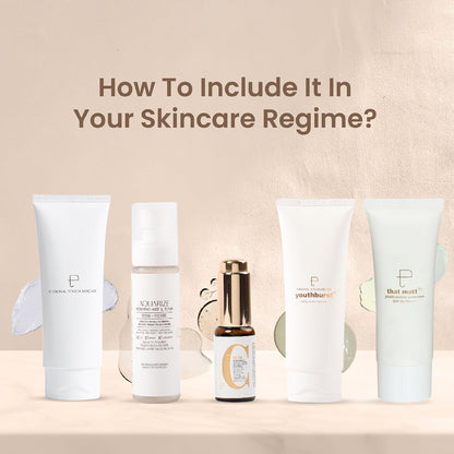 Skincare products with text 'How To Include It In Your Skincare Regime?' on a beige background