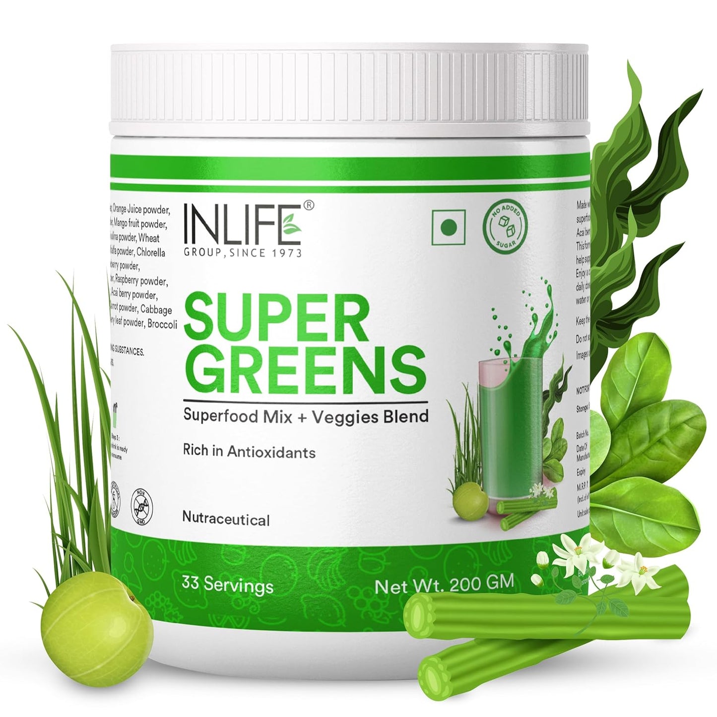 INLIFE Super Greens Powder Supplement | Spirulina, Moringa, Chlorella, Alfalfa, Wheat Grass, Barley Grass Blend | - 200g