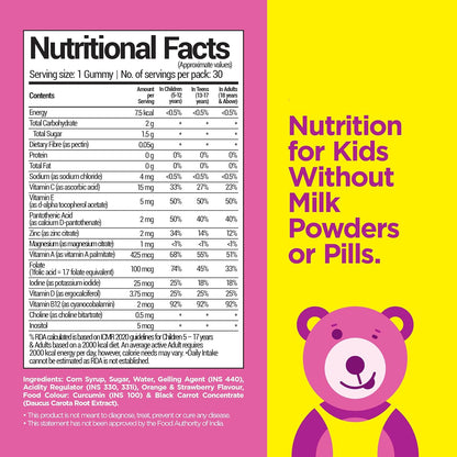 NutriBears Kids Multivitamin Gummies | 12 Essential Nutrients | No Artificial Colours or Sweeteners | Low Sugar | Immunity, Growth & Brain Development | Age 2-12 | Strawberry & Orange | 30 Gummy Bears