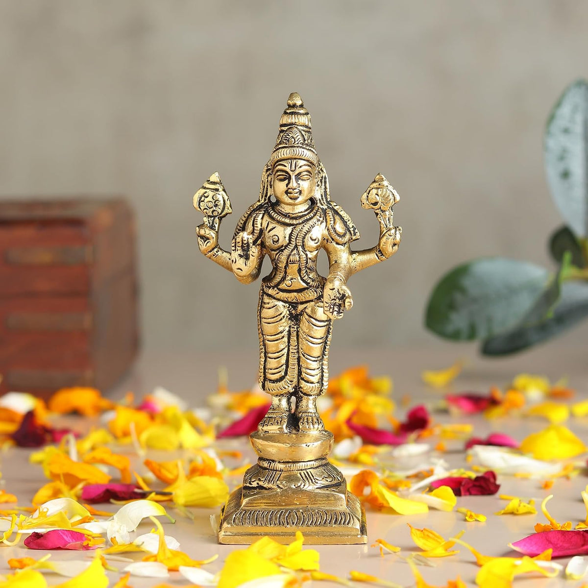 Brass Lord Vishnu Ji Idol | Handcrafted Vishnu Murti for Home Temple & Pooja Room (Design01: L5 x W4 x H11 cm)
