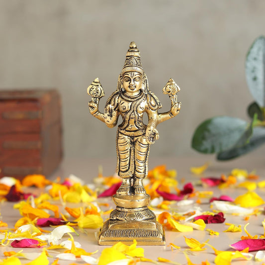 Brass Lord Vishnu Ji Idol | Handcrafted Vishnu Murti for Home Temple & Pooja Room (Design01: L5 x W4 x H11 cm)