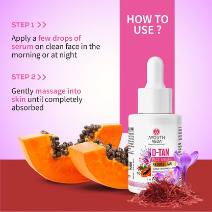Ayouthveda D-Tan Face Serum Enriched With Saffron & Papaya For Nourished Skin| Address sun damage and achieve a revitalized, Boosts Skin Radiance | For Men & Women| Effectively reduces tan 30ml