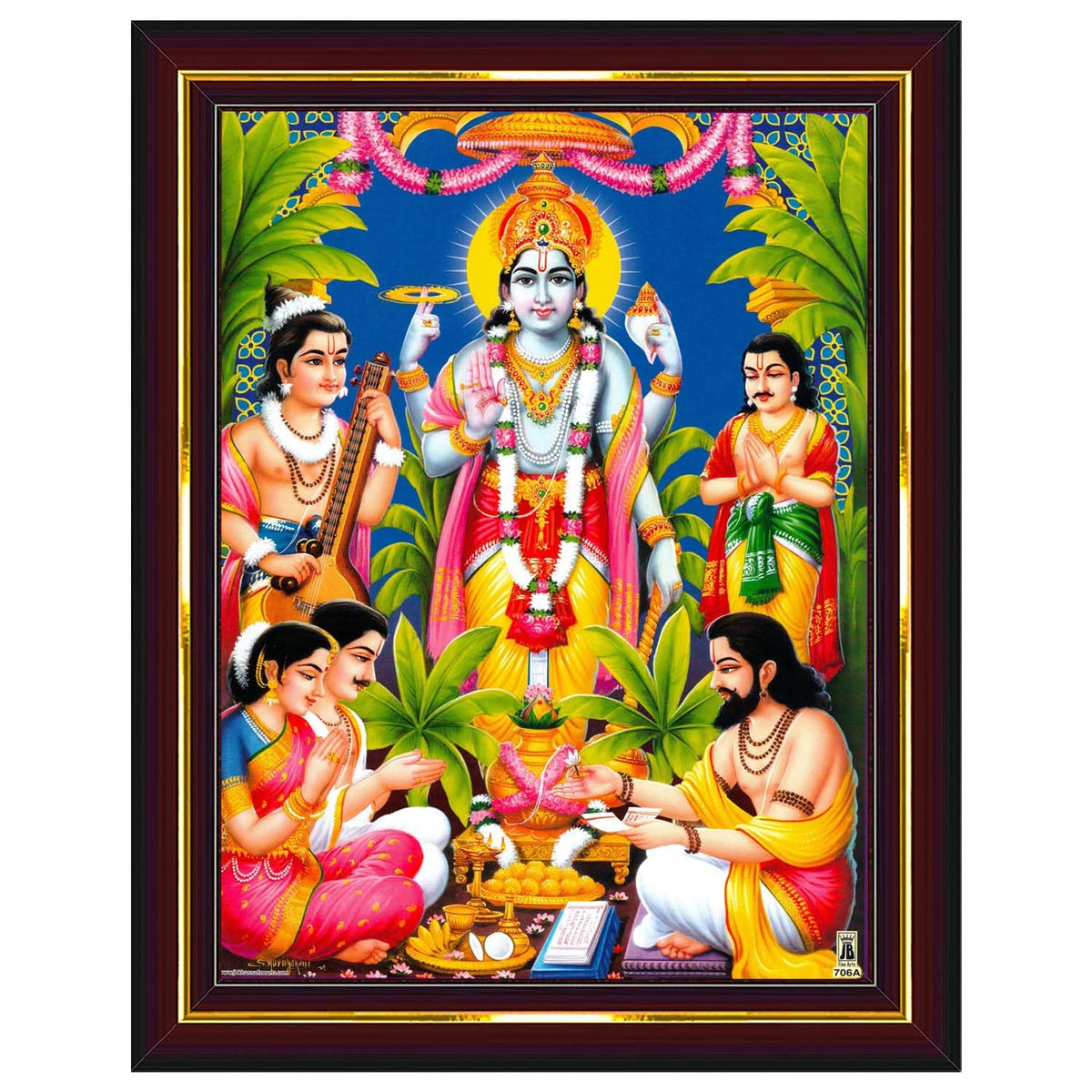 Lord Satyanarayana Swamy Bhagwan Satyanarayan Wall Painting Framed Home Decor (Wood,Acrylic,Brown,Small Size,6x8 Inch) B618S