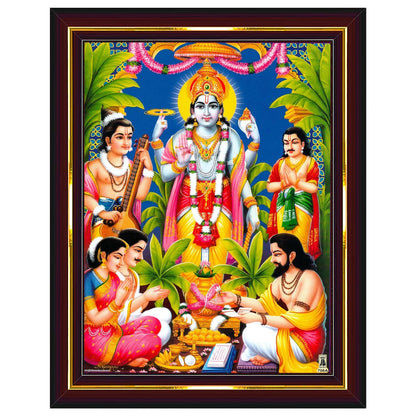 Lord Satyanarayana Swamy Bhagwan Satyanarayan Wall Painting Framed Home Decor (Wood,Acrylic,Brown,Small Size,6x8 Inch) B618S