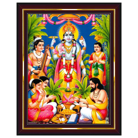 Lord Satyanarayana Swamy Bhagwan Satyanarayan Wall Painting Framed Home Decor (Wood,Acrylic,Brown,Small Size,6x8 Inch) B618S