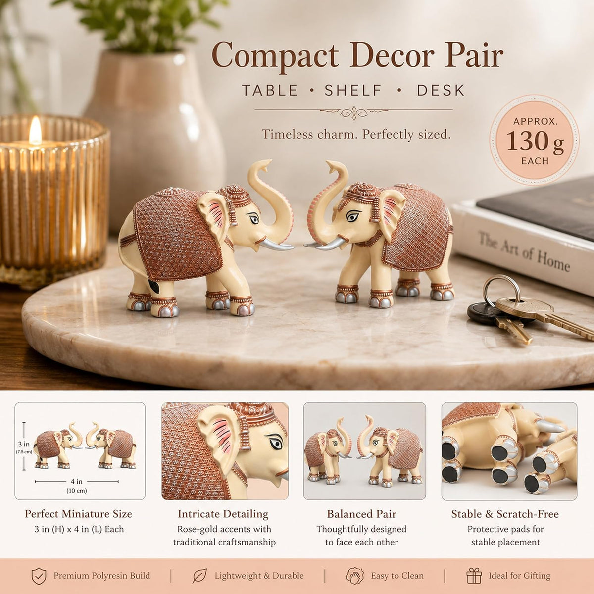 Peach Cream Mini Elephant Showpiece Pair, Car Dashboard, 3 Inch