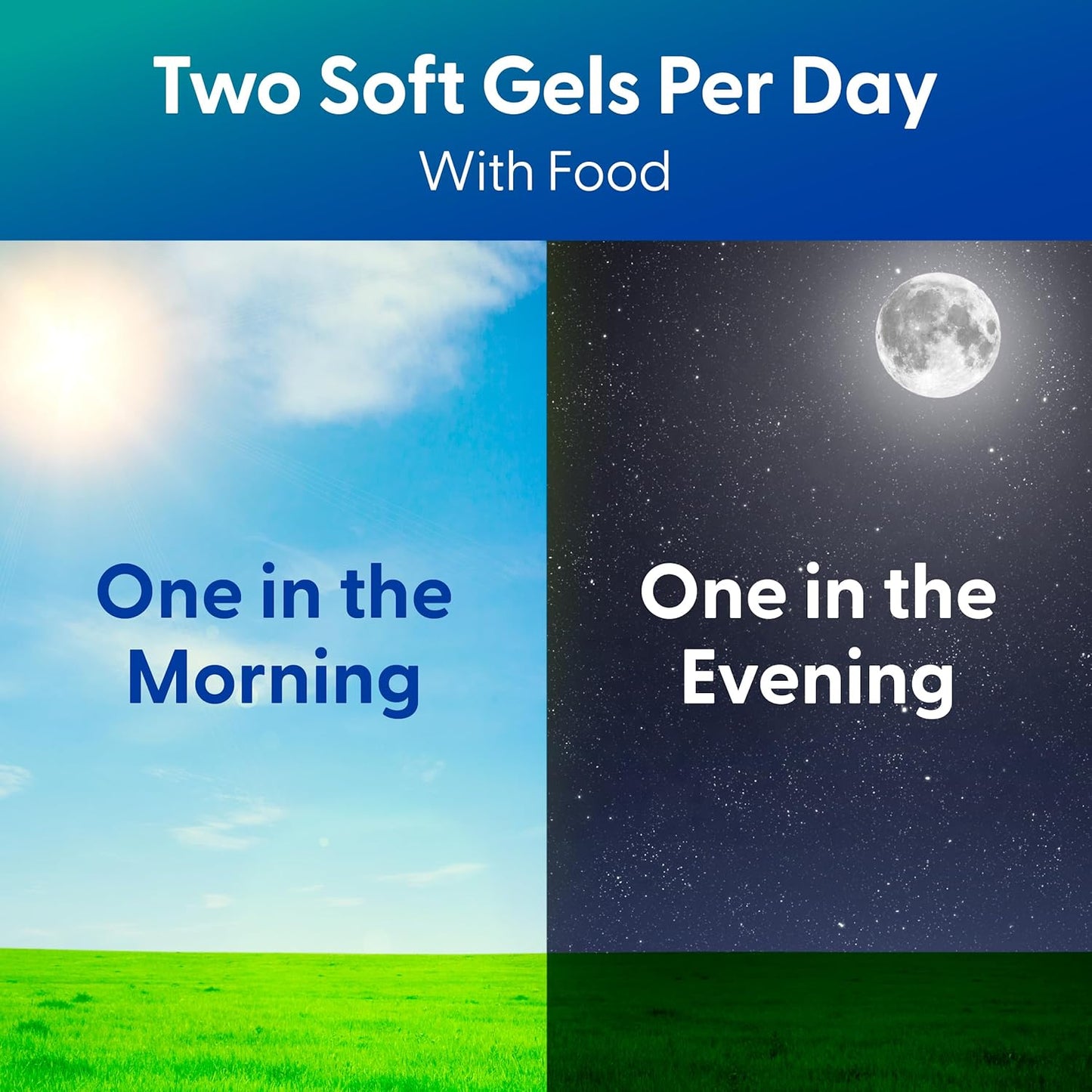 Split image with sun and moon, labeled 'One in the Morning' and 'One in the Evening', on a blue and green background.