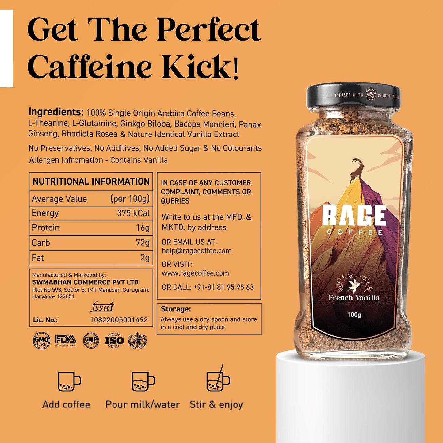 RAGE COFFEE Instant Coffee French Vanilla With 100% Arabica Beans Infused With Plant Based Vitamins| Hot & Cold Coffee | Strong Aroma With Rich Taste - 100 Gm - Bottle