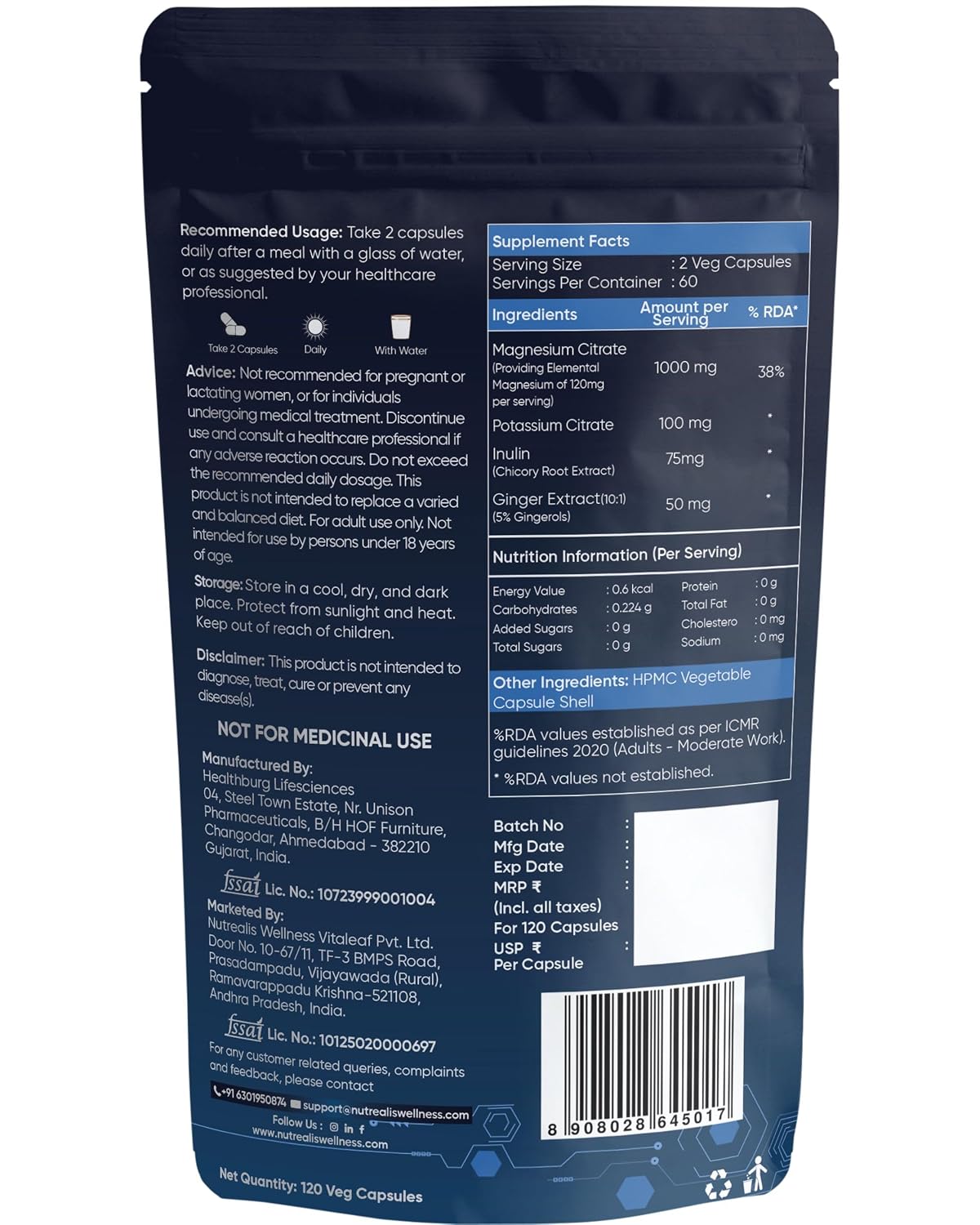 Nutrealis Magnesium Citrate 1000mg | 120 Veg Capsules | Magnesium Supplement with Potassium, Inulin & Ginger | Electrolyte, Muscle, Nerve, Digestion & Energy Support