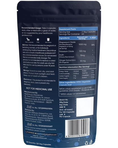 Nutrealis Magnesium Citrate 1000mg | 120 Veg Capsules | Magnesium Supplement with Potassium, Inulin & Ginger | Electrolyte, Muscle, Nerve, Digestion & Energy Support