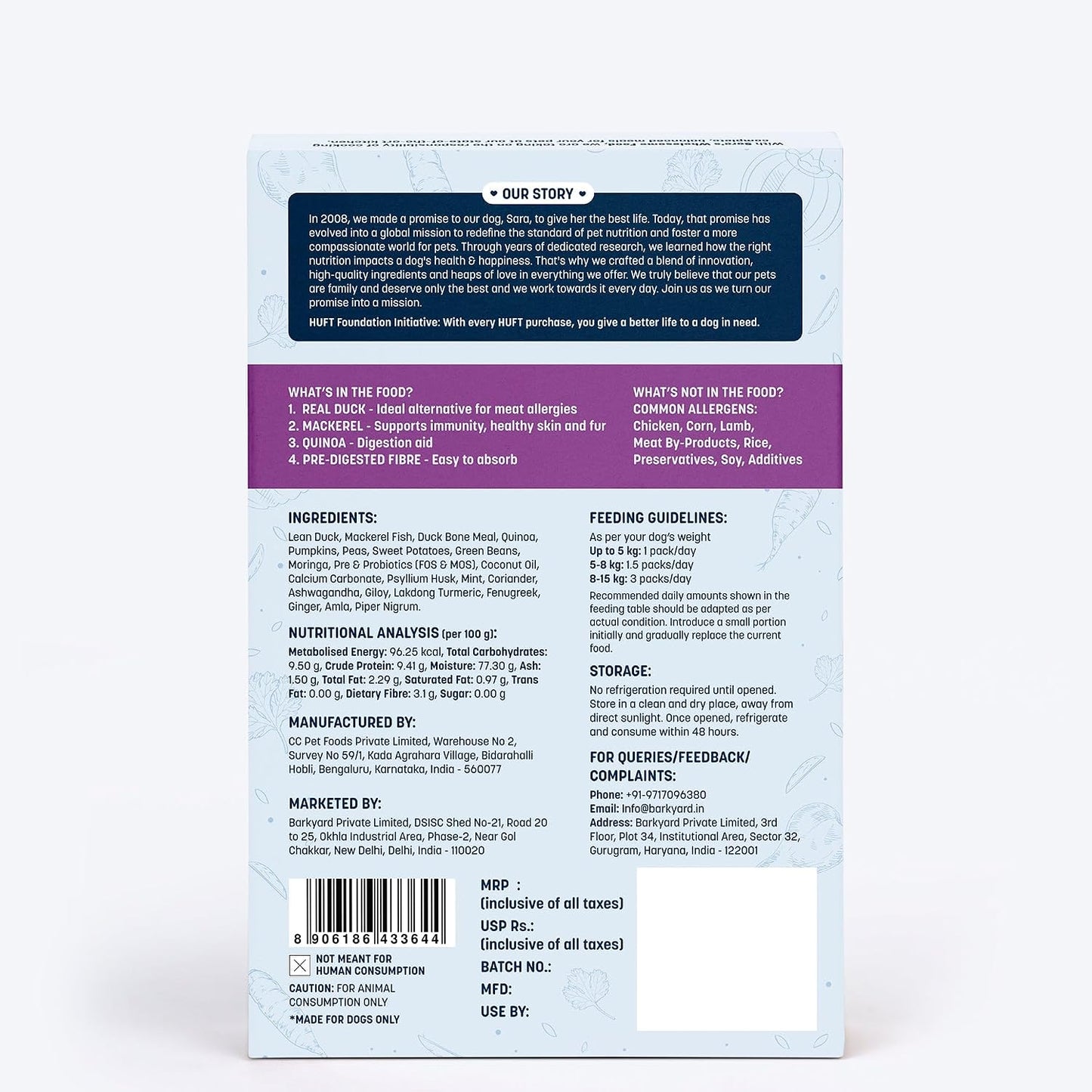 Sara’s Wholesome by HUFT Hypoallergenic Duck & Quinoa Wet Dog Food – 100 gm | Sensitive Stomach Formula | Human-Grade Ingredients | Complete & Balanced Nutrition | Suitable for Puppies & Adult Dogs