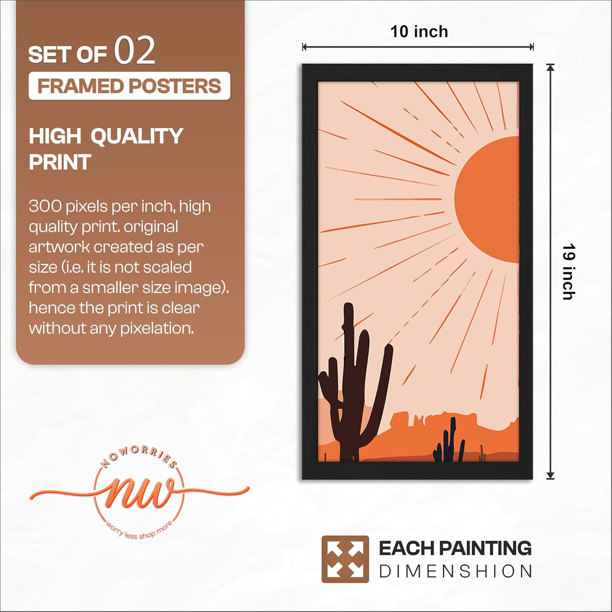 Minimalist Desert Wall Art Set of 2 Framed Prints | Sun & Moon Cactus Landscape Posters with Frames, Boho Neutral Abstract Nature Wall Decor, Scandinavian Aesthetic Artwork for Living Room, Bedroom, Office, Wall Hanging Frame (Art-12, 10x19inch, Wooden)