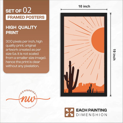 Minimalist Desert Wall Art Set of 2 Framed Prints | Sun & Moon Cactus Landscape Posters with Frames, Boho Neutral Abstract Nature Wall Decor, Scandinavian Aesthetic Artwork for Living Room, Bedroom, Office, Wall Hanging Frame (Art-12, 10x19inch, Wooden)