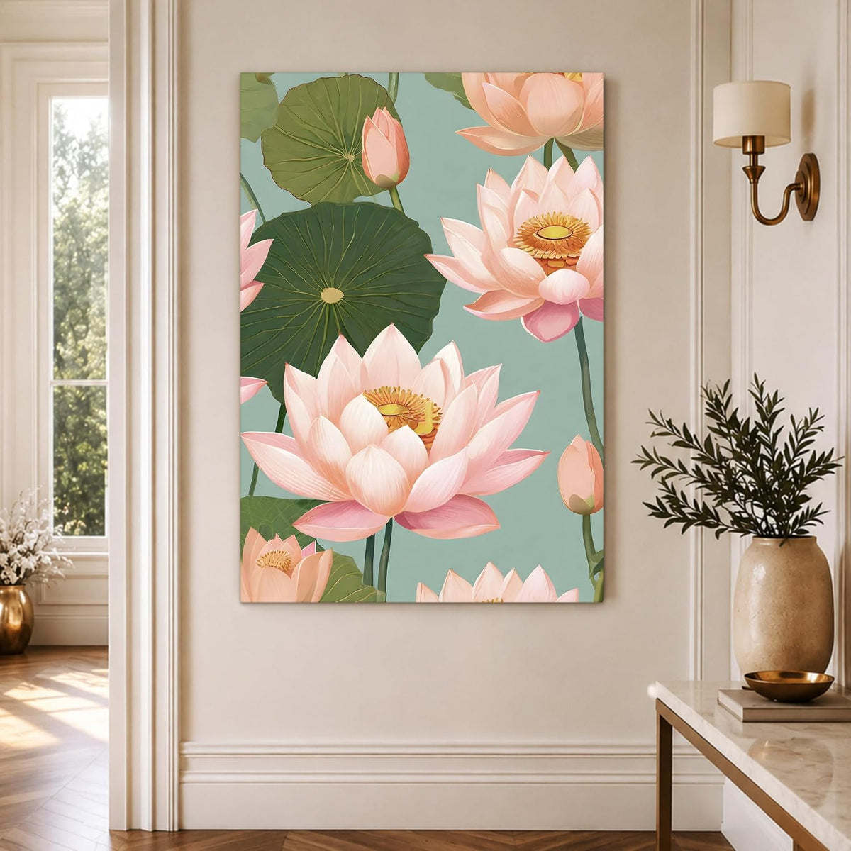 Abstract Pink Lotus Flowers Vastu Canvas Wall Art Painting For Living Room, Botanical Floral Painting, Pastel Calm Floral Wall Art for Home, Bedroom, Office (22x34 Inch)