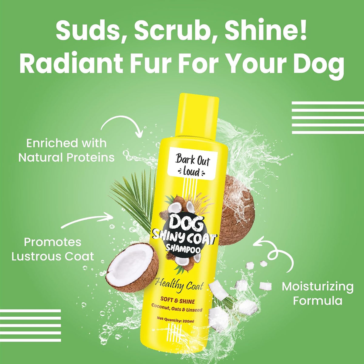 BARK OUT LOUD-Shiny Coat Dog Shampoo | Oatmeal, Coconut, Linseed, Cedar-Wood | Hydrating & Anti-Fungal/Bacterial | Healthy Glowing Coat, Shampoo for Dogs (200 ml)