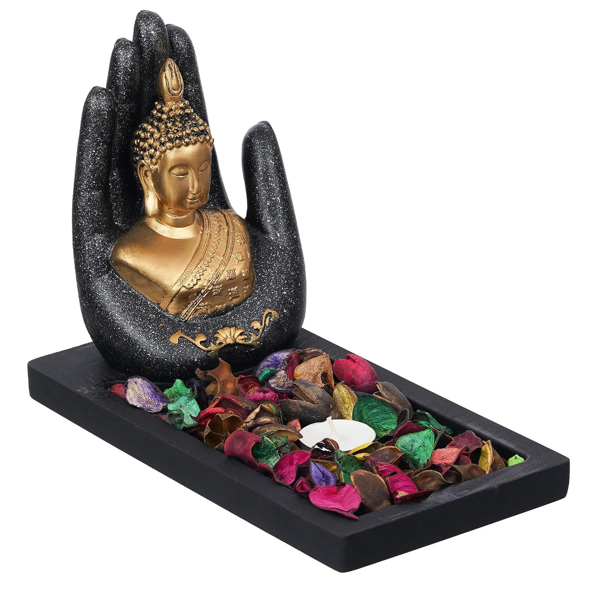eCraftIndia Grey Golden Resin Palm Buddha Idol Tea Light Candle Holder| Lord Buddha Statue Tea Light Holder| Diwali Decoration Items for Home Decor| Buddha Showpiece Gift for Diwali Housewarming