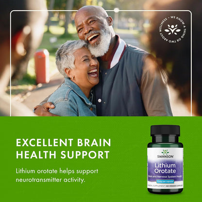 Advertisement for Swanson Lithium Orotate supplement with an elderly couple in the background.