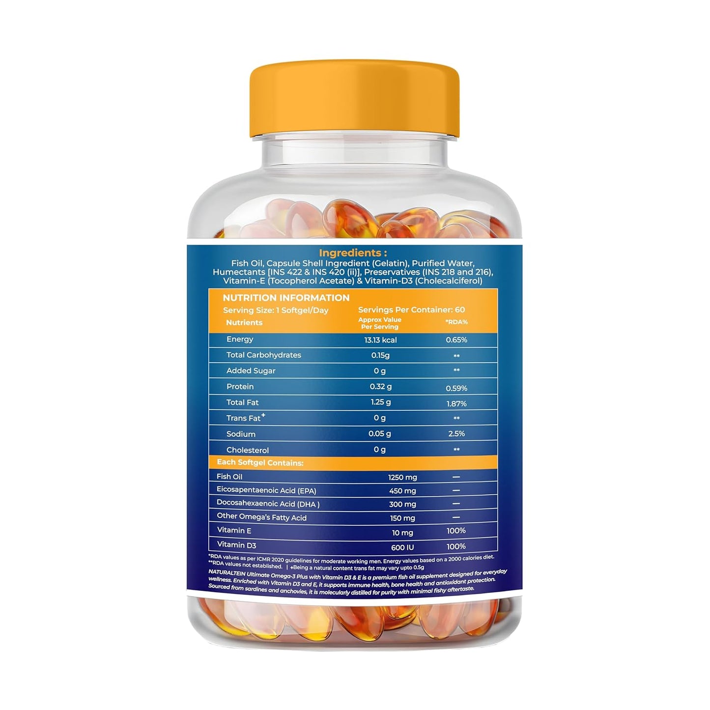 NATURALTEIN Ultimate Omega-3 plus Fish Oil 1250mg Triple Strength Softgel Capsules with vitamin D3 and E | 450mg EPA & 300mg DHA in Triglyceride Form for Better Absorption | Heart, Brain, Eye | 60 Softgel Capsules | 60-Day Supply