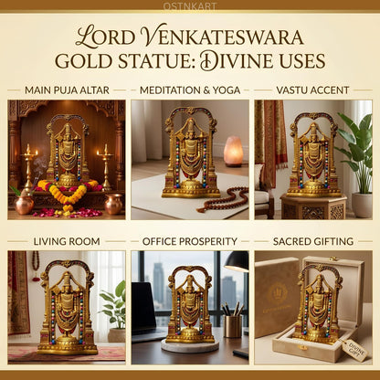 Lord Tirupati Balaji Murti – 8 Inch Golden Polyresin Statue | Handcrafted Venkateswara Idol for Home Temple, Office Desk & Spiritual Gift (Lord Srinivasa Govinda)