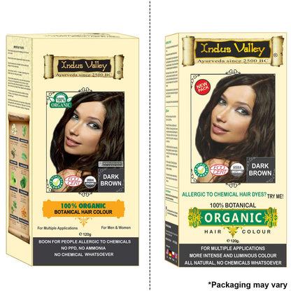 Two boxes of Indus Valley organic hair color with a woman's face on each, featuring dark brown color.