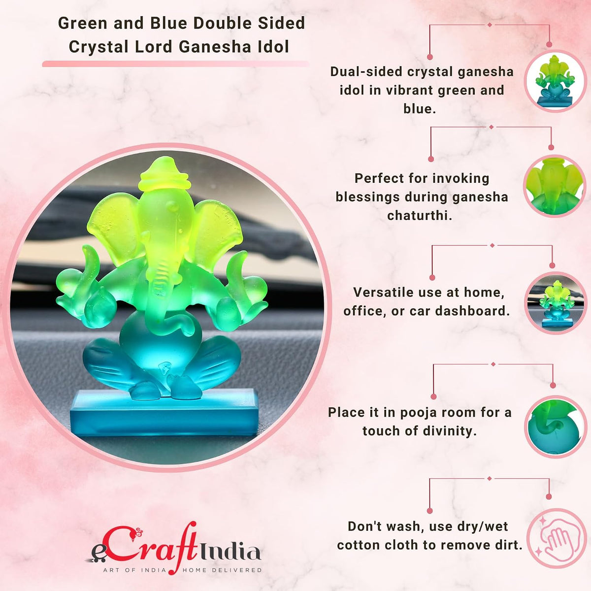 Green and Blue Double Sided Crystal Car Ganesha Showpiece