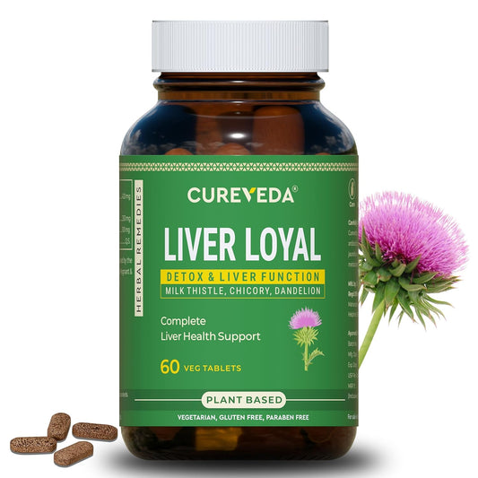 Cureveda Liver Loyal supplement bottle with a thistle flower on a white background