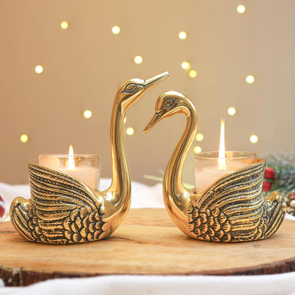 BEHOMA Pair of Swan Candle Holder with Giftbox for Home Decor, Gold