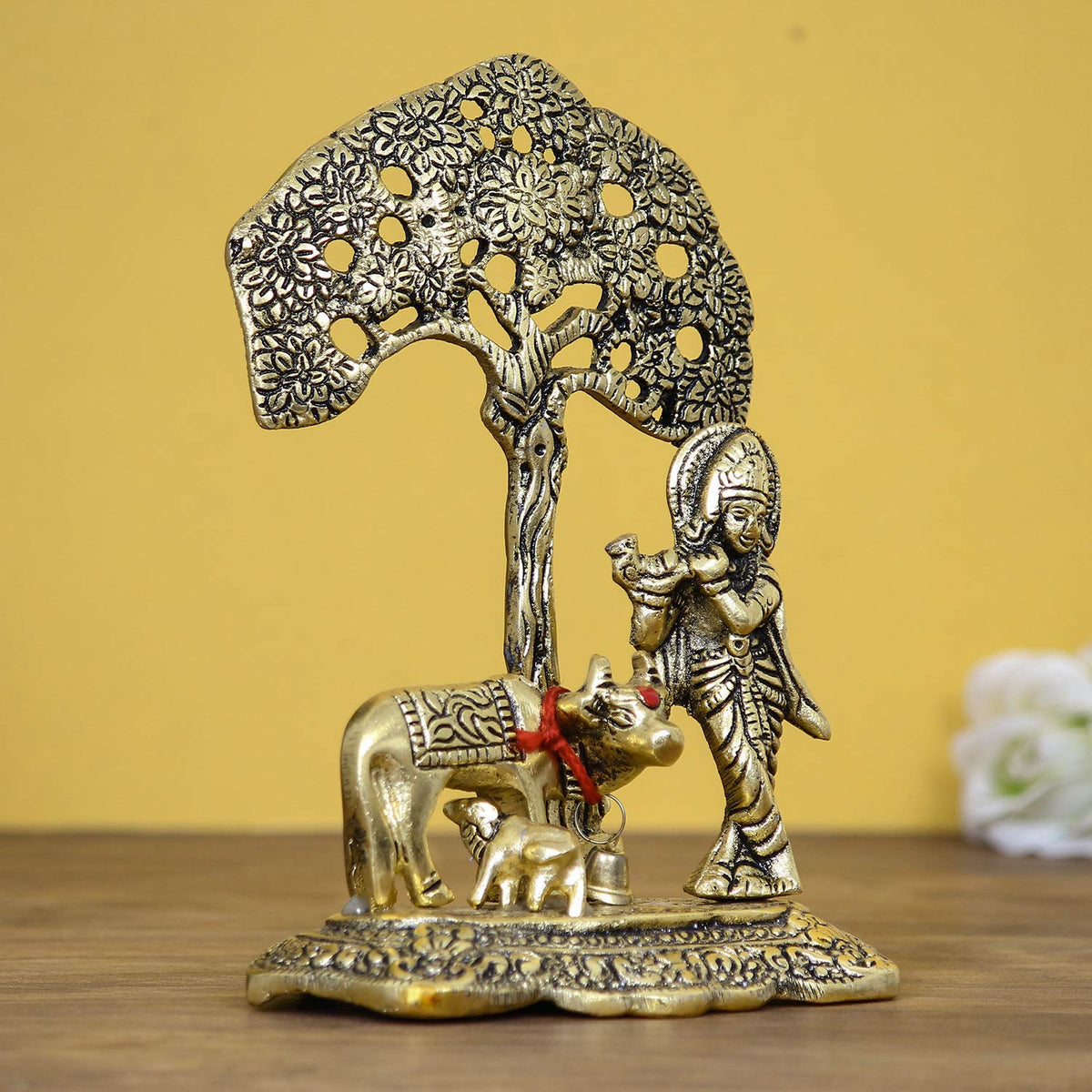 eCraftIndia Lord Krishna Playing Flute Under Tree with Golden Cow and Calf Showpiece