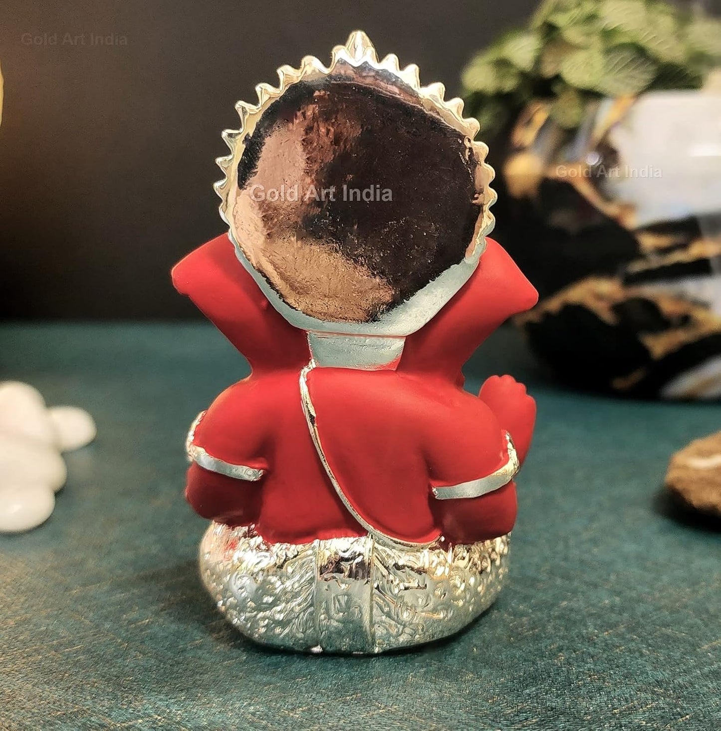 Gold Art India 999 Silver Plated Ganesh Idol for Car Dashboard God Ganesha Idol for Home Decor Ganpati for Gift 3.5 inches (Silver) (MukutSilver red), Idol