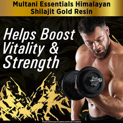 Advertisement for Multani Essentials Himalayan Shilajit Gold Resin with a man lifting weights.